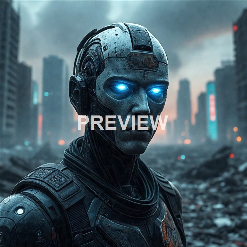 A futuristic humanoid robot with glowing blue eyes standing in a dystopian cityscape filled with tall buildings and debris.